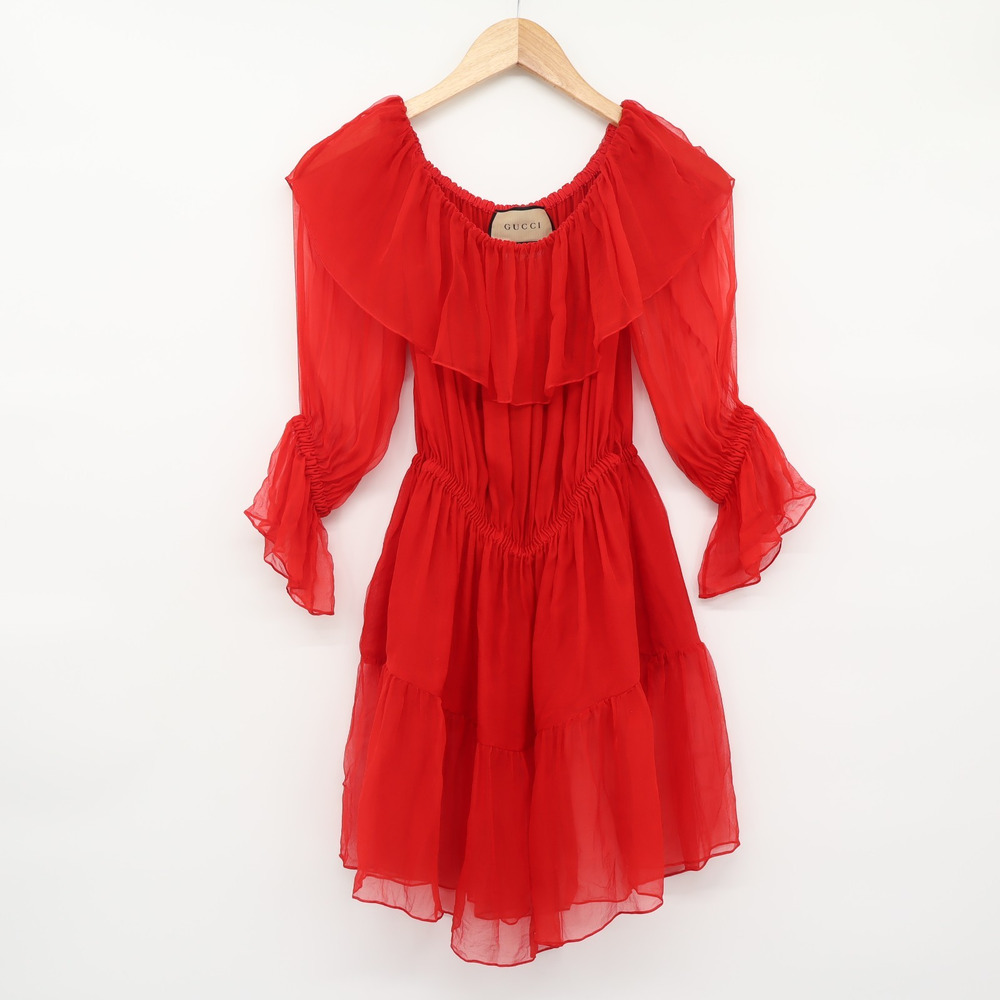 Gucci Women's Ruffled Off The Shoulder Silk Chiffon Mini Dress Red Sz 38 - Picture 3 of 14